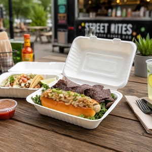 Nouvelle boîte alimentaire compostable et micro-ondable en bagasse, format clamshell 9x6 pouces, jetable pour restaurants, cafés et services de traiteur - Product Image 1