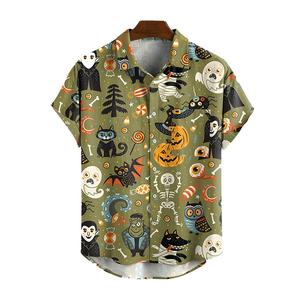 Chemise en coton marron à manches courtes pour homme avec motif d'Halloween, squelette de vampire, chat, citrouille - Product Image 3