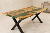 Table de salle à manger rectangulaire moderne de luxe en résine avec bord naturel, faite à la main, design grain de bois vert et or, 4 places, pour restaurant/hôtel
