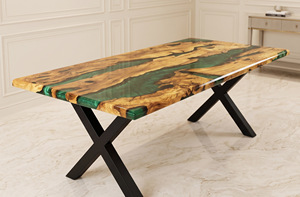 Table de salle à manger rectangulaire moderne en résine avec bord naturel, faite à la main, design grain de bois vert et or, mobilier pour la maison et l'entrée d'hôtel - Product Image 4