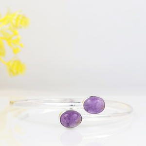 Wholesale Handmade 925 Sterling Silver Plated Natural Amethyst Gemstone Two <b>Stone</b> Oval Cabochon Bypass Bangle <b>Bracelet</b> Elegant - Product Image 3