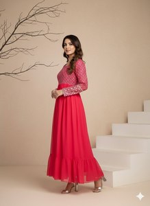 Vestido Anarkali de Georgette Rosa Bordado, Manga Larga, Cuello Barco, Largo, para Fiestas, Completamente Cosido, Vestido Étnico - Product Image 5