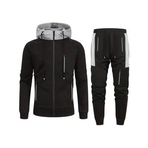 Ensemble de survêtement décontracté pour homme en molleton uni, sweat à capuche zippé et pantalon de jogging à taille élastique, qualité supérieure, polyester/coton, vêtements de sport - Product Image 1