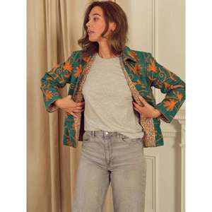 Veste courte pour femme, style bohème chic, broderie florale orange, veste Suzani verte personnalisée, vêtement ethnique décontracté pour femmes - Product Image 2