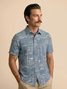 Camisa Casual de Manga Corta para Hombre, Estampado Geométrico, Cuello Clásico, Transpirable, Lino/Algodón, Doble Botonadura, Estilo Veraniego - Product Image 3