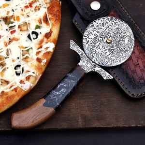 Cuchillo para Pizza de Acero de Damasco de Primera Calidad, Hecho a Mano, Estilo Vikingo para Exteriores, con Mango de Madera - Product Image 3