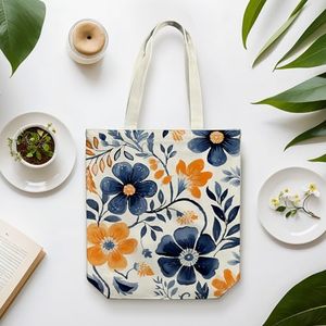 Sac fourre-tout réutilisable en toile de coton à motif floral esthétique pour femme, grande capacité, pour courses et plage, sac à bandoulière, personnalisable OEM - Product Image 2