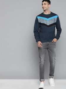 Sudadera de Cuello Redondo Azul Marino para Hombre, Diseño con Bloques de Color, Corte Regular, Tejido de Punto, Informal, para Otoño - Product Image 5
