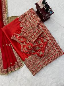 TENNECY Japón Satén Saree Largo hasta el Suelo con Blusa y Dupatta para Mujer, Tradicional Indio para Boda, Fiesta de Diwali, Elástico - Product Image 6