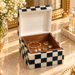 Classic Black <b>White</b> Checkered Resin <b>Jewellery</b> <b>Box</b> Decorative Jewelry Storage Organizer with Wooden Interior | Luxury Keepsake - Product Image 2
