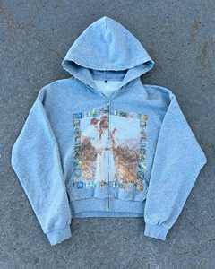Sudadera con capucha gris para hombre con cremallera, estampado por sublimación de iconos religiosos, diseño con efecto de mancha de óxido, corte casual regular, cuello redondo - Product Image 1