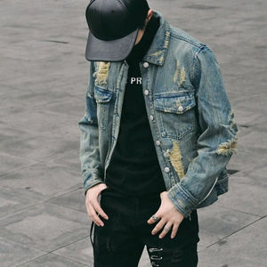 Custom Logo Blue <b>Denim</b> Jacket for Men Double-Breasted Streetwear Casual Riding <b>Coat</b> with Knitted Closure for Spring - Product Image 1