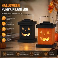 Lanterne Citrouille d'Halloween en Bois en Gros avec Lumière LED Chaude, Décoration de Table ou Suspendue pour Magasins de Détail