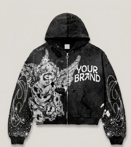 เสื้อฮู้ดโอเวอร์ไซส์แบบสั่งทำพิเศษ ลวดลายกราฟิกผีเสื้อและมือโครงกระดูกประดับคริสตัลหรูหรา ผ้าฟลีซหนานุ่ม - Product Image 1