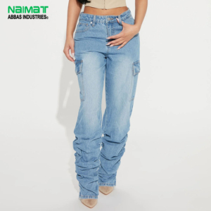 กางเกงยีนส์ทรงคาร์โกเอวสูงสำหรับผู้หญิง ทรงสลิมฟิต สีฟ้าอ่อน ล้างแบบวินเทจ ผ้าฝ้าย แต่งระบายที่ขา สไตล์ลำลอง - Product Image 1