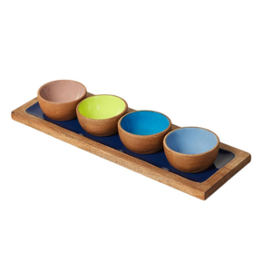Ensemble de bols de service en bois de manguier écologiques faits à la main avec incrustation en émail blanc, bol décoratif moderne pour fruits et salades pour la maison - Product Image 5