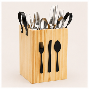 Handcrafted Natural Pine Wood Cutlery Holder With Premium Leather Handles Multi-Compartment Utensil Caddy For Dining <b>Tabletop</b> - Product Image 2