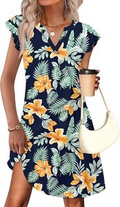 Vestidos de Primavera Verano para Mujer 2026, Casuales, con Volantes en las Mangas, Cuello en V, Holgados, con Bolsillos, Estampado Liso - Product Image 2