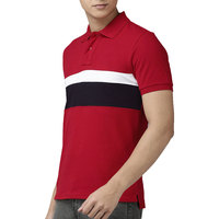 Kemeja Pria Ukuran Besar dengan Garis Dada Tiga Warna Merah, Bahan Pique Bernapas, Bordir Logo Custom, Gaya Kasual Cerdas