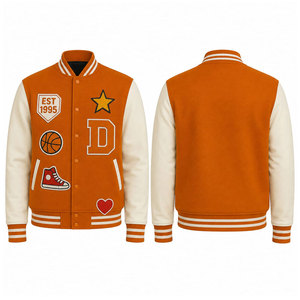 New Arrival Lettermen Jacket <b>Covered</b> <b>Button</b> Style Wool Fabric University Varsity Jacket Applique Regular Fit Turn-down Collar - Product Image 1