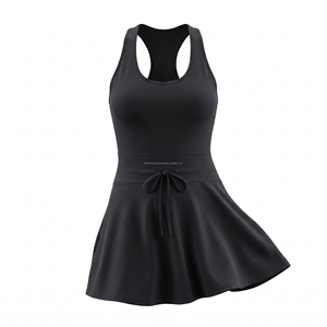 Women's Blue Sleeveless Tennis <b>Dress</b> With Drawstring Waist Fitted Sporty Style Summer Wear Moisture Wicking Breathable Quick Dry - Product Image 4