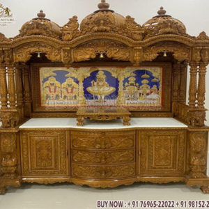 หิ้งบูชาไม้สักลายหินอ่อนแบบดั้งเดิม สวามินารายันมันดีร์ หิ้งบูชาฮินดูรุ่นล่าสุด ทำจากไม้สักแท้ สไตล์อินเดียใต้ ชุดหิ้งบูชา - Product Image 4