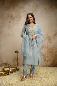 Elegant Light Blue Women's <b>Kurta</b> Set Party Wear Heavy Viscose Chanderi Sequence Coding Embroidery Work Top Bottom Dupatta Set - Product Image 2