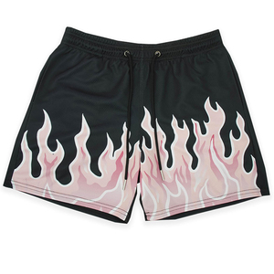 Custom Mens Black Mesh Shorts Pink Flame Graphic Print Drawstring Elastic Waistband Casual <b>Athletic</b> Basketball Trunks - Product Image 1