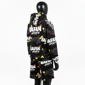 Ensemble sweat-shirt et short en molleton de coton doux 300 GSM pour femme, noir, imprimé graphique multicolore, logo personnalisé par sublimation. - Product Image 5