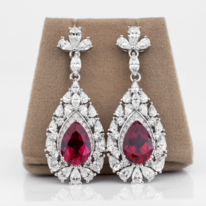 Elegant <b>Ruby</b> Teardrop Halo Jewelry Set Sterling Silver <b>Necklace</b> and Dangle Earrings Bridal Wedding Anniversary Gift for Women - Product Image 4