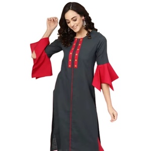 Kurta Droite en Coton Slub avec Broderie Miroir, Couleur Gris Bleuâtre, Vêtement Ethnique Traditionnel Décontracté pour Fêtes, Tenue de Bureau Quotidienne pour Femme - Product Image 1