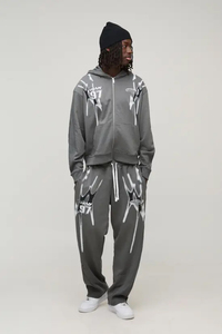 Chándal gris con capucha para hombre, cremallera frontal completa, estampado con efecto goteo, corte holgado, estilo urbano con bolsillos laterales, para otoño - Product Image 3