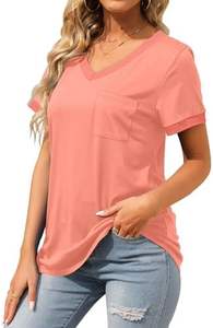T-shirt d'été pour femmes, col en V, couleur macaron, manches courtes, coupe slim, décontracté, urbain, avec poche - Product Image 2
