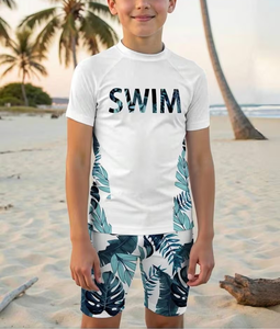 White Swim Letter Print Boy's T-Shirt and Shorts Set Casual Tropical Leaves Pattern Summer Outfit - Product Image 3
