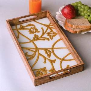 Bandeja de Servir de Madera con Estampado Étnico Esmaltado, Plato de Madera con Patrón Floral Bohemio - Bandejas Decorativas para Sala de Estar o Tocador - Product Image 5
