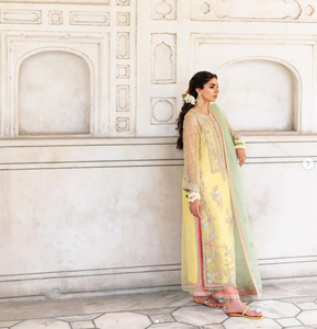 Robe de mariée traditionnelle indienne et pakistanaise en soie pour femme, longueur ras du sol, coupe ample, broderie, dupatta jaune et vert - Product Image 2