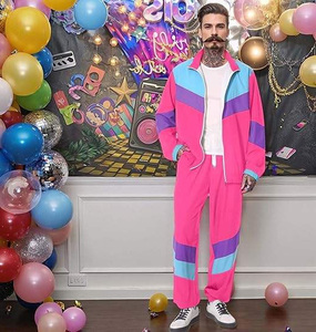 Men's Pink Color Blocking Tracksuit Full Sleeve Zipper Sporty Jogging Set Turn-<b>down</b> Collar Polyester Material Spring Wear - Product Image 5