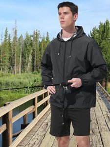 Men's Waterproof Hooded Windbreaker <b>Rain</b> <b>Jacket</b> Solid Color Casual Zipper Front Black Polyester Spring Outdoor Wear - Product Image 1