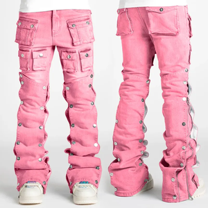 Men's <b>Jeans</b> Custom Fashionable Zipper Multi pockets with metal <b>buttons</b> washed 14 oz baggy <b>jeans</b> streetwear style for men - Product Image 6