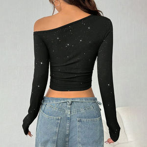 American New Fashion Style Regular Fit Full Sleeve Breathable Asymmetrical Short Women's <b>Y2K</b> Knit Base T-<b>Shirt</b> for Holiday - Product Image 3