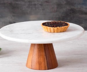 <b>Marble</b> <b>Top</b> Cake Stand with Wooden Base – Luxury Round Dessert Display Stand for Cakes, Pastries & <b>Table</b> Decor - Product Image 3