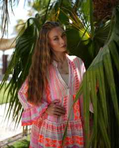 Robe longue en coton jacquard pour femmes, style bohème, col en V, manches cloche, fabrication artisanale - Product Image 3