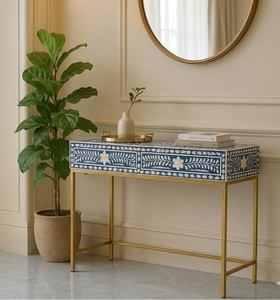 Table console moderne en os incrusté, table d'appoint pour entrée ou salon avec tiroirs, meuble de rangement à structure métallique - Product Image 2
