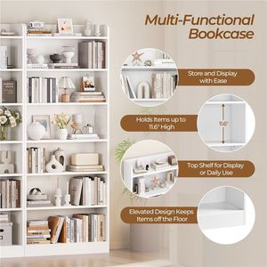 <b>Solid</b> <b>Wood</b> 7-Tier Open <b>Bookcase</b> with Compartment White Modern Bookshelf - Product Image 4
