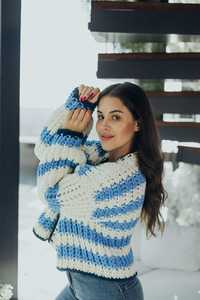 Women's Blue White Striped <b>Crocheted</b> <b>Cardigan</b> V Neck Full Sleeve Casual Winter Thick Acrylic Knit Sweater - Product Image 5