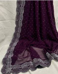 Sari violet Georgate brodé, imprimé numérique, robe traditionnelle indienne pour mariage, fête, Diwali, femmes - Product Image 4