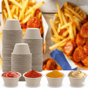 Gobelets à sauce jetables compostables et biodégradables en bagasse, pour ketchup et sauces, 2 oz, écologiques, en pulpe de canne à sucre, bols à trempette modernes pour la restauration rapide - Product Image 1
