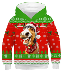 Sweat-shirt à capuche pour enfants avec imprimé cheval de Noël, motif rouge et vert, décontracté, hiver, avec design de chapeau de Père Noël - Product Image 1