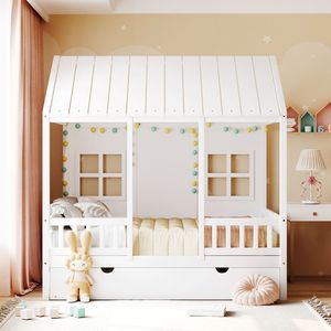 Letto a capanna in legno a grandezza naturale con letto estraibile singolo, divano letto in legno bianco per bambini - Product Image 2