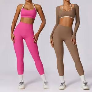Ensemble de yoga trois pièces color block pour femme : soutien-gorge dos nu, haut à manches longues et leggings taille haute avec effet froncé – Tenue de sport et de gym - Product Image 3